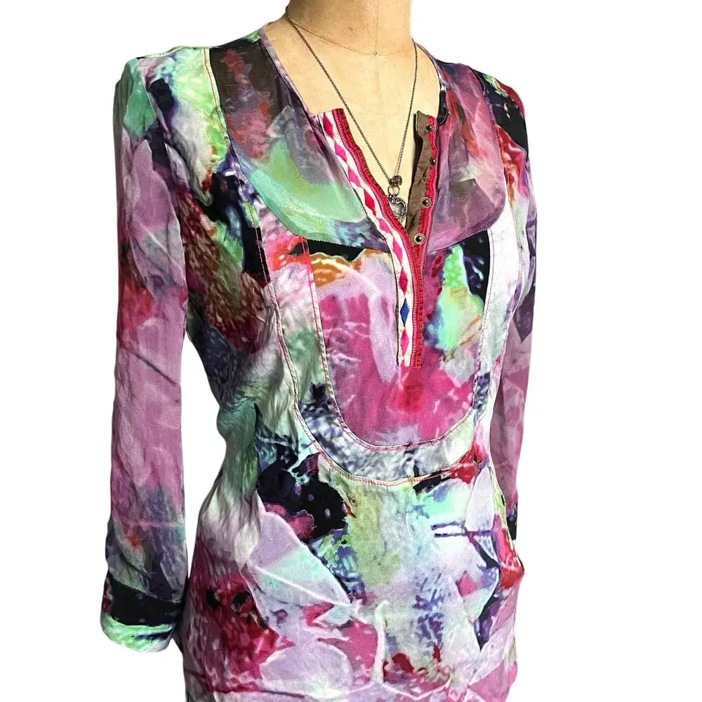 A Common Thread Silk Sheer Multicolor Retro Button‎ Up Blouse Size M - Picture 2 of 8